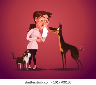 Woman have animal allergy. Vector flat cartoon illustration