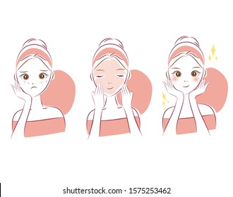 Woman have dark spots problem. Use facial mask for treatment. Beauty cartoon character illustration