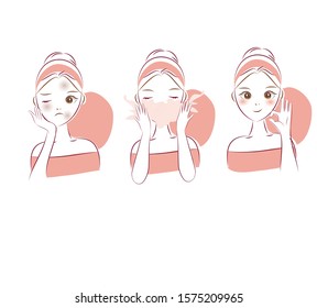 woman have dull skin problems and washing with a foamy facial cleanser. whitening face problem. Beauty cartoon character illustration.