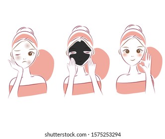 Woman Have Dull Skin Problems. Use Charcoal Mask For Treatment. Beauty Cartoon Character Illustration.