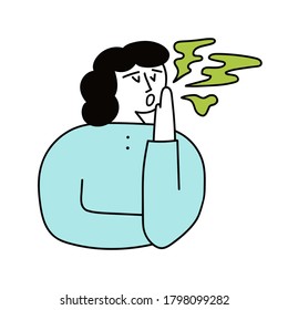 Woman have halitosis. Hand drawn illustration on white background.  