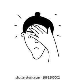 Woman have headache. Vector icon. Outline illustration on white background.