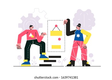 Woman have idea in head and explaining to another man vector illustration. Person holding banner with signs cartoon design. Imagination and inspiration concept