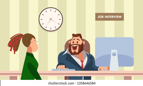 Woman have Job Interview with Happy Office Manager. Employee Character on Chair. Leader or Boss in Suit Sit at Computer on Work Desk. Man Talk, Ask Question. Cartoon Flat Vector Illustration