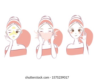 Woman have oily skin problems. Treatment for oily skin with facial foam. Washing face. Beauty cartoon character illustration.