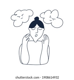 Woman have panic attack. Vector outline illustration on white background.