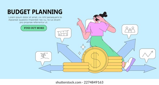 Woman have problem with budget planning, money managment and savings. Character decide how to spend money. Trendy illustration for web banner, mobile app, advertisement or article.