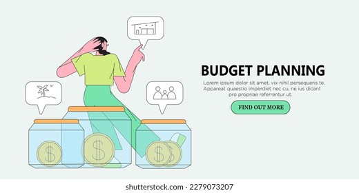 Woman have problem with budget planning, money managment and savings. Character collect and putt coin in saving jar. Concept of finance accounting and calculation of financial income and expenses.