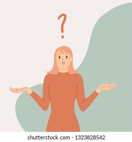 Woman have a question. A girl is shrugging. vector illustration