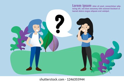 woman have a question.Speech bubble.Husband and wife deal the problem using their imagination.Couple address the problem or solve the puzzle.vector illustration in modern art style.grain,noise texture
