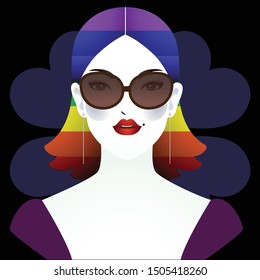 Woman have rainbow hair wearing sunglasses.