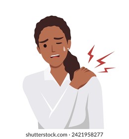 Woman have shoulder pain suffering and unhappy. Flat vector illustration isolated on white background