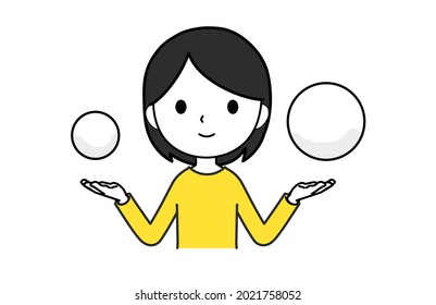 A woman have things in both hands and comparing