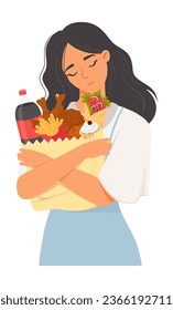 Mujer que tiene adicción por comida basura no saludable. Retrato de personaje femenino abrazando comida rápida en paquetes que sufren de desorden alimenticio. Ilustración vectorial de sobrealimentación y obsesión de bocadillos