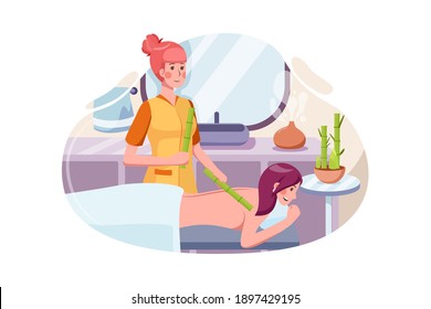 Woman having anti-stress massage with bamboo sticks. Flat illustration isolated on white background.