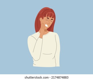 Woman having bad toothache. Suffering girl holding her hand to cheek. Dental and oral health concept. Flat style vector illustration isolated on white background