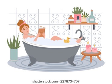 Woman having bathroom with foam and reading book. Vector of bathroom, woman or female in bath illustration. Body wash and care