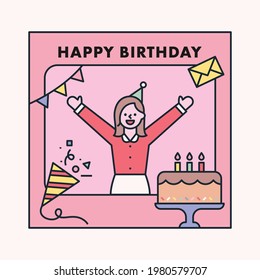 A woman having a birthday party in a frame decorated with cute icons. flat design style minimal vector illustration.