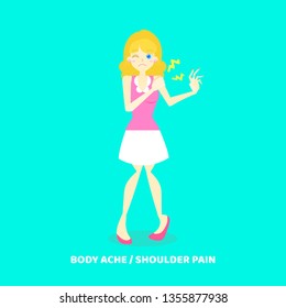 woman having body ache, shoulder pain, health care disease symptoms concept, background,flat vector illustration cartoon character design clip art