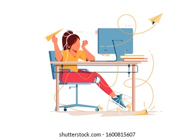 Woman Having Boring Weekdays And Throw Paper Airplanes Vector Illustration. Office With Computer And Bunch Of Folders On Table Cartoon Design. Boredom And Job Concept