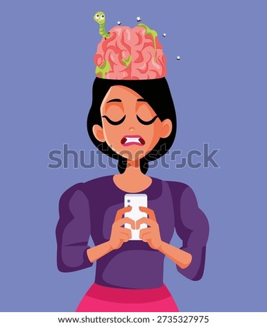 
Woman Having Brainrot Symptoms   Vector Illustration. Stressed person feeling exhausted from scrolling trough social media all day
