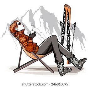 Woman having a break drinking coffee after skiing - vector illustration