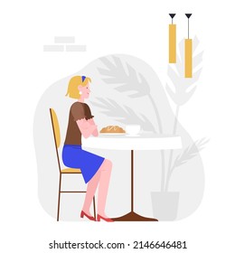 Woman having breakfast at the cafe. Lunch coffee break at cafetiere isolated illustration