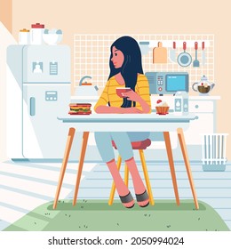 una mujer está desayunando en la mesa de comedor de la cocina con el sol de la mañana vertiéndose en la ilustración vectorial de la cocina. usada para imagen de medios sociales, afiches y otros