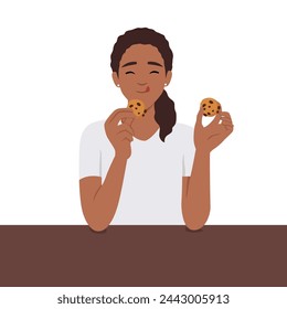 Woman having breakfast eating cookies, people activity, daily routine. Flat vector illustration isolated on white background