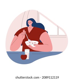 The woman is having breakfast at home and eating porridge. Vector illustration in flat style.