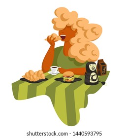 woman having Breakfast. the woman takes the food. vector image