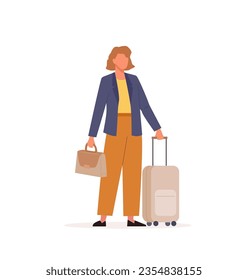 Woman having a business trip with suitcase. Female character standing with lugagge and holding briefcase. Flat vector illustration