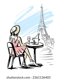 woman having champagne in Paris sketch. Eiffel Tower