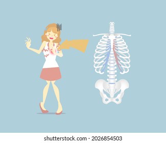 woman having chest pain in the upper and middle rib cage, cartilage ,costochondritis, medical internal organs nervous system anatomy health care symtomps, flat vector illustration cartoon design
