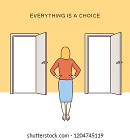 A woman is having a choice in front of two doors. hand drawn style vector design illustrations.