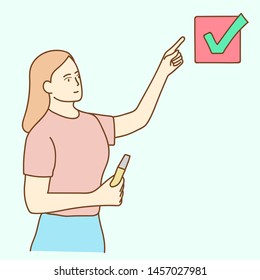 A woman is having a choice of green tick check marks, hand drawn style vector design illustrations.