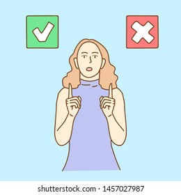 A woman is having a choice in red X and green tick check marks, hand drawn style vector design illustrations.