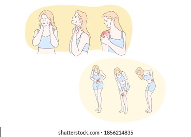 Woman having chronic pain in body and joints concept. Young woman cartoon character suffering from back, neck, shoulder, knee, belly pain or arthritis with red indicator on pain focus