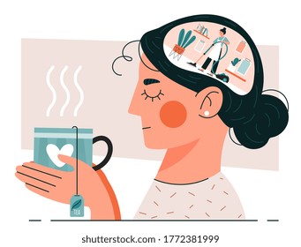 Woman having Cleansing Thoughts holding a cup of herbal tea as she meditates with a scene of a housewife vacuuming in her brain, colored vector illustration