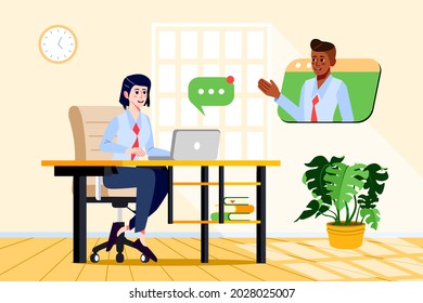 Woman having conference call with her colleague online. Office worker using laptop for remote work meeting. Concept for remote job, online chat, telecommuting, new normal. Cartoon vector illustration.