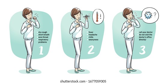 Woman having corona symptoms, calling doctor. Instruction in case of having corona virus infection symptoms. Hand drawn line art cartoon vector illustration.