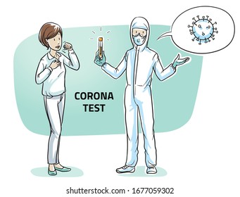 Woman having corona symptoms, with medical assistant with test tube. Hand drawn line art cartoon vector illustration.