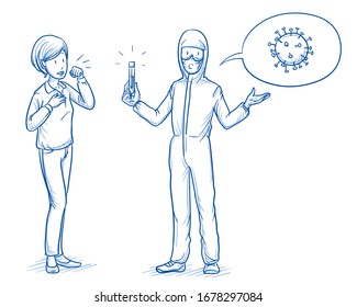 Woman having corona symptoms, with medical assistant with test tube. Hand drawn blue outline line art cartoon vector illustration.
