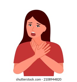 Woman having difficult breathing in flat design on white background. Lung problem.