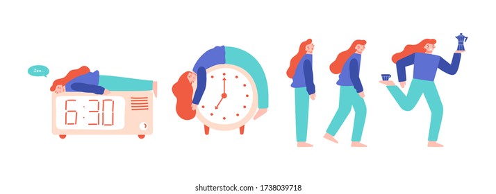 Woman Having Difficulty Sleeping. Trouble Staying Asleep, Waking Up In The Morning, Sleep Disorders Concept. Set Of Flat Vector Illustration In Cartoon Style.