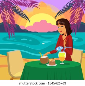 Woman having Dinner on Beach Vector Illustration. Female Cartoon Character Eating Cake. Wealth, Elegant Business Lady on Vacation. Luxury Lunch, Breakfast on Tropical Island. Lonely Girl Flat Drawing