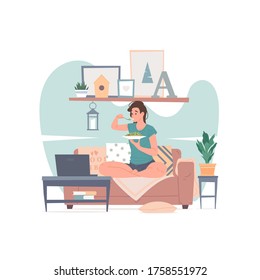 Woman Having Dinner And Watching Movie At Home Vector Illustration. Modern Lady Eating Healthy Dish And Watching Film On Laptop While Sitting Cross Legged On Sofa And Resting At Home