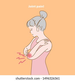 woman having elbow pain symptom. girl Joint pain in his hands. Feeling very unwell. Chronic muscle spasms. Nerve over bone problems. Office syndrome concept. Simple line drawing hand.