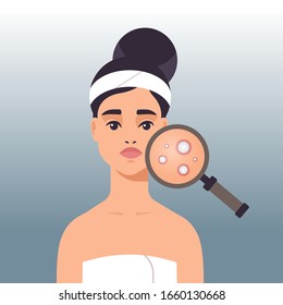 woman having facial skin problems girl using magnifier to find acne on face area portrait vector illustration