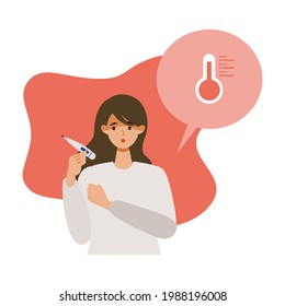 Woman having fever after getting her COVID-19 vaccine. Concept for side effects of coronavirus vaccine. Flat vector illustration.